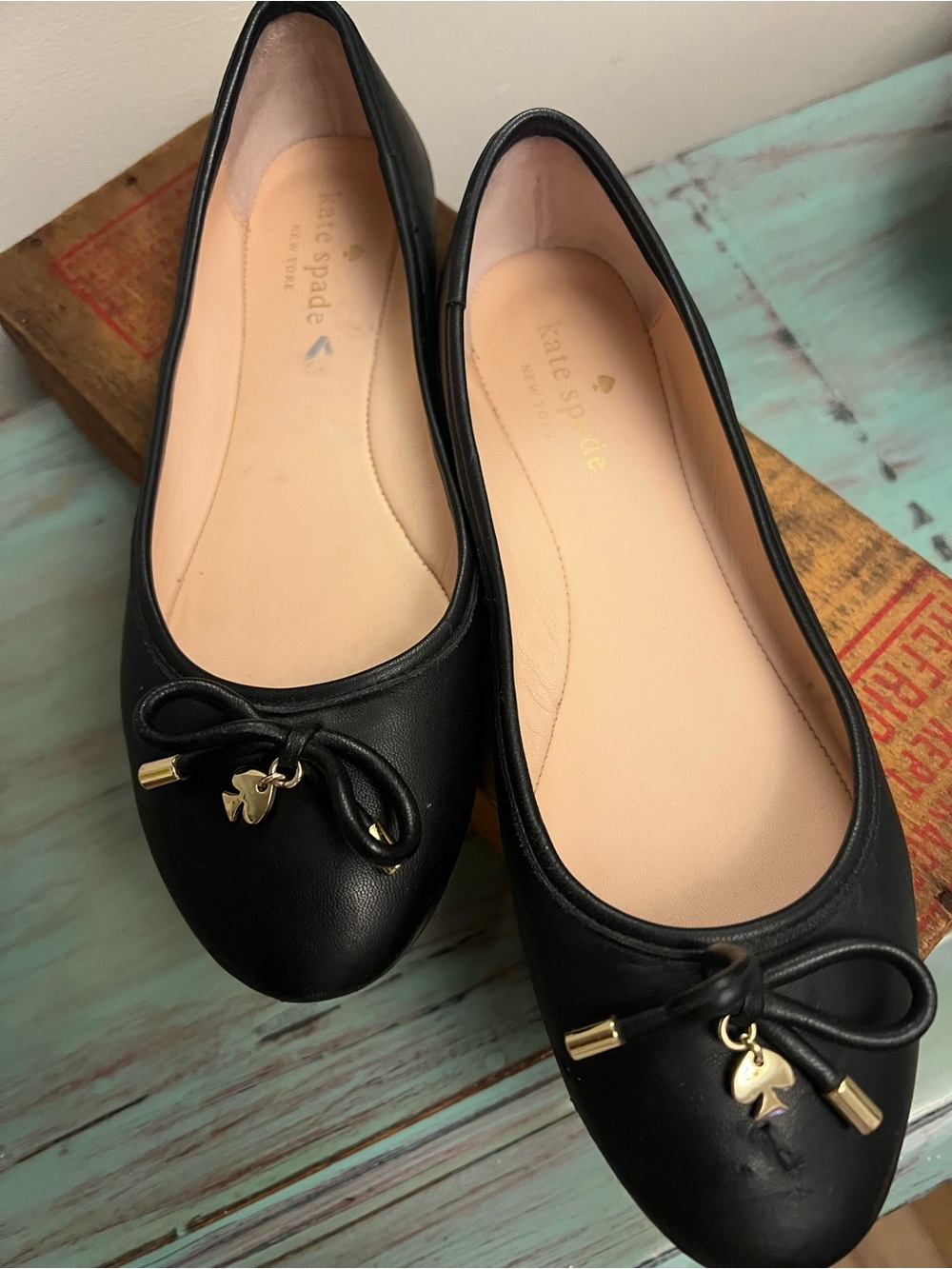 kate spade Black Leather Bow Ballet Flats with Gold Spade Charm